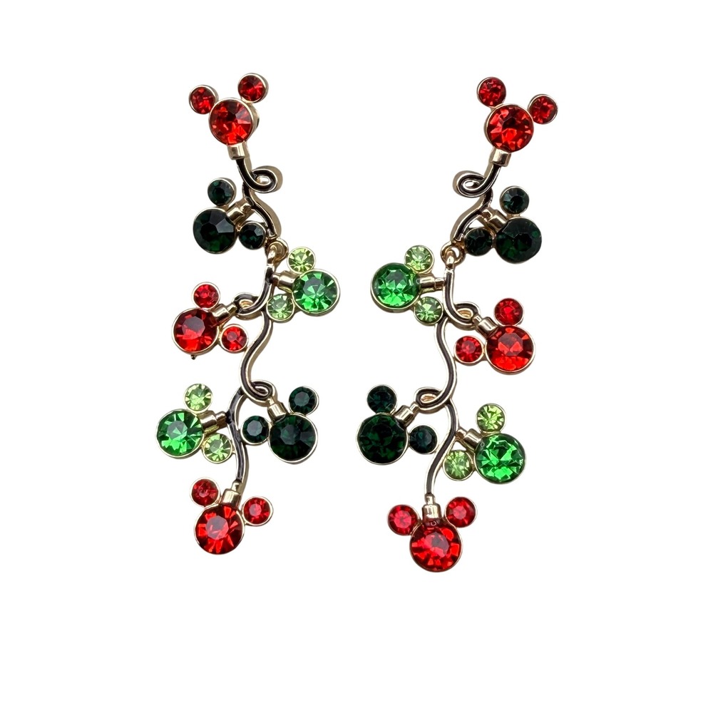 Disney BaubleBar Mickey Mouse Christmas Dangle Earrings Red Green Crystal Gold